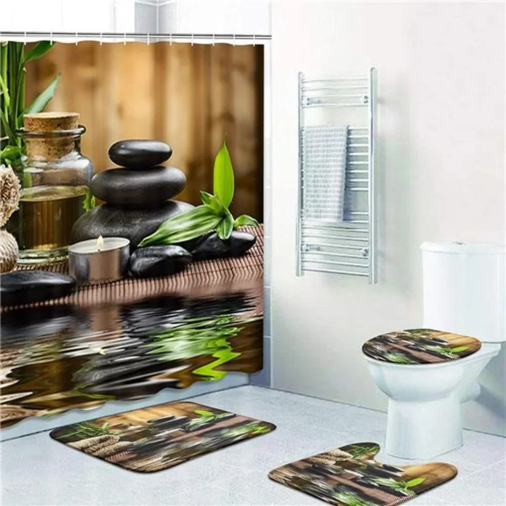 4 Pcs Shower Curtain Set Stones spa Oil Wood Massage Relax Candle ayurvedic